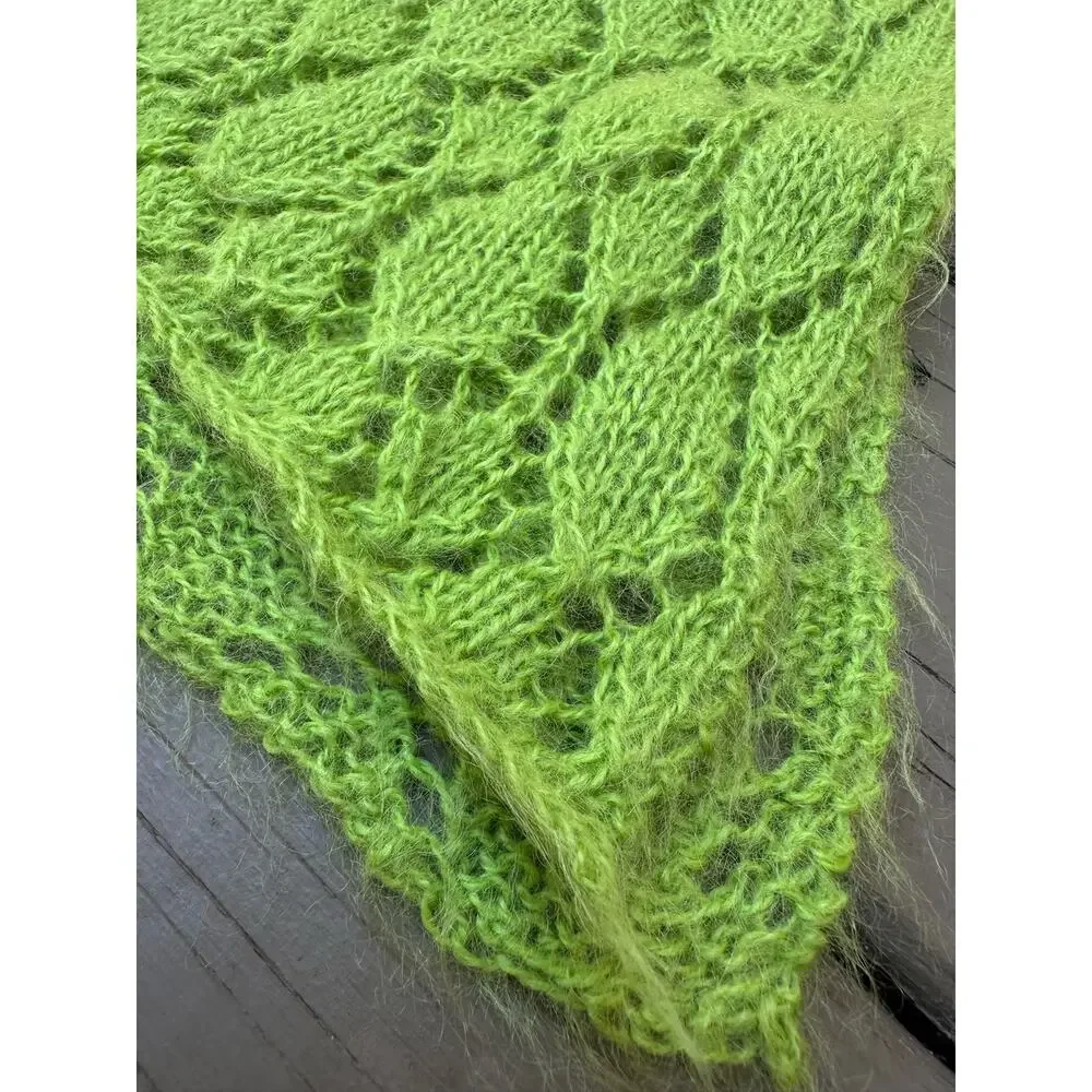 Mohair Wool Crochet Blanket lime green Hand Made Diamond Knit Throw 44x90” shawl